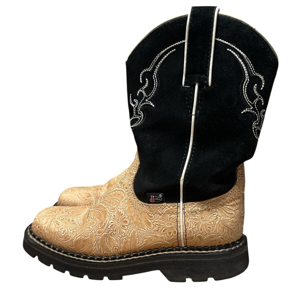 Justin Boots Two-Tone Black and Tan Floral Embossed Heeled Boots